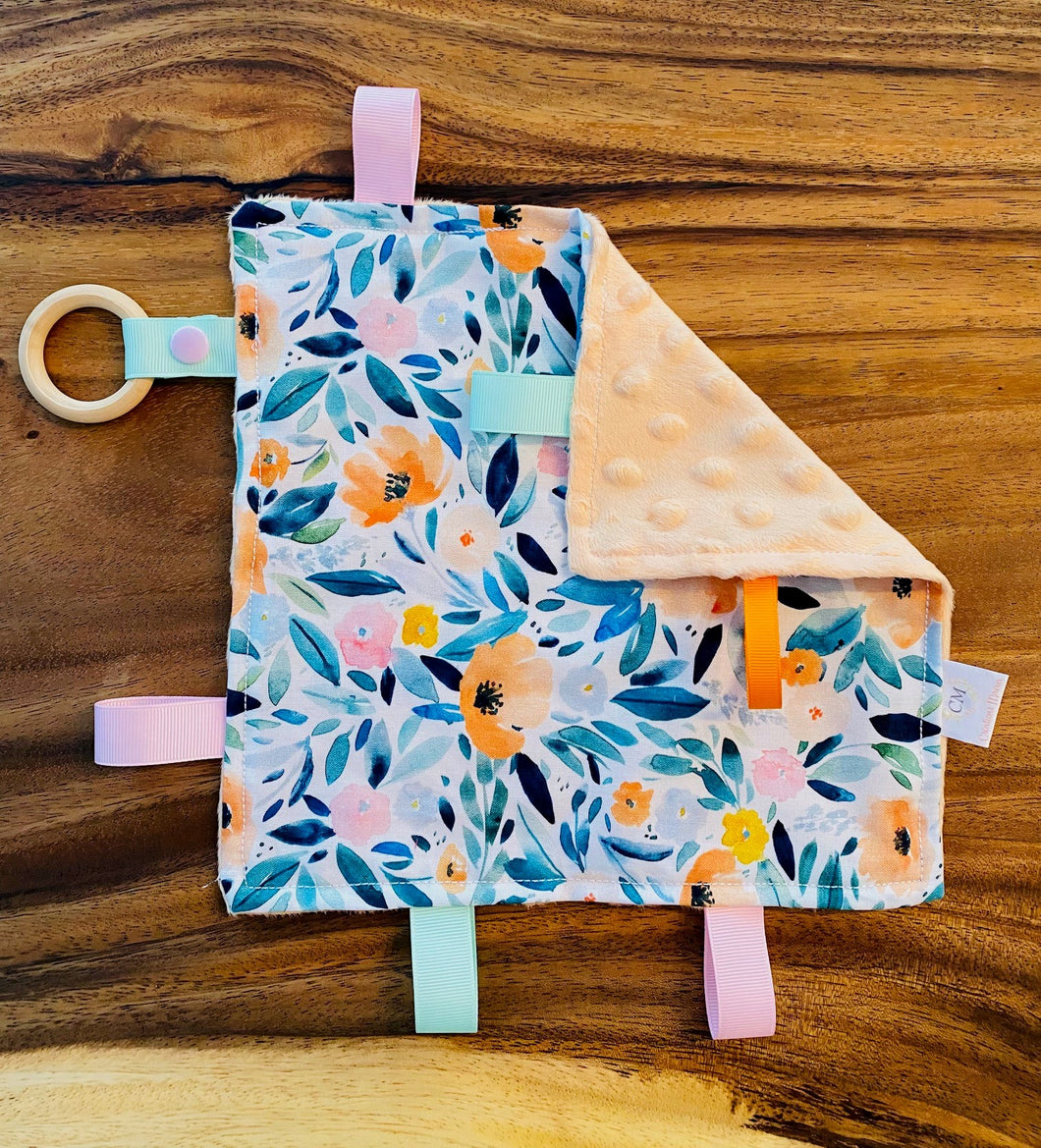 Doudou étiquette FLEURAL SAUMON PASTEL